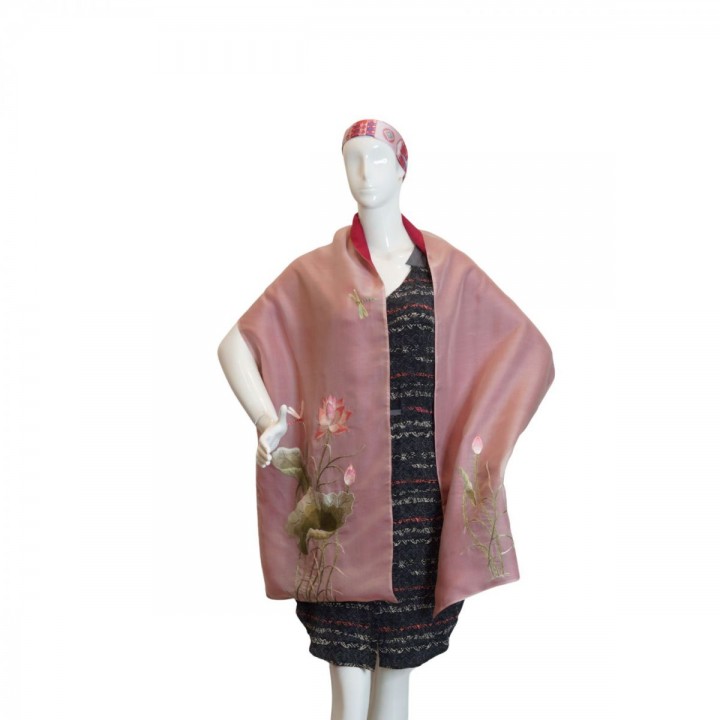 Khăn lụa 2 mặt  organza hồng thêu hoa sen 40*200 cm